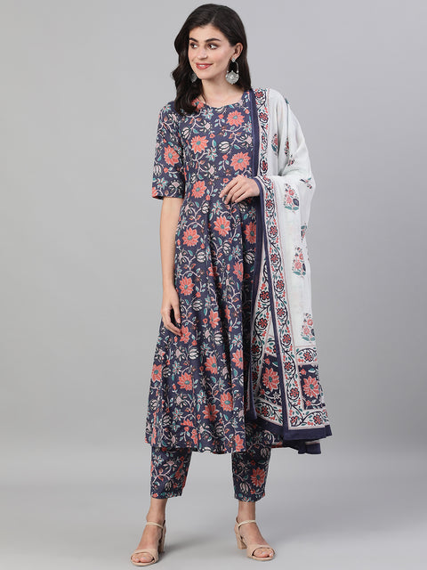 Women Blue Three-Quarter Sleeves Flared Kurta With Palazzo and Dupatta with pockets
