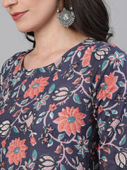 Women Blue Three-Quarter Sleeves Flared Kurta With Palazzo and Dupatta with pockets