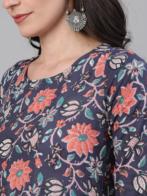 Women Blue Three-Quarter Sleeves Flared Kurta With Palazzo and Dupatta with pockets