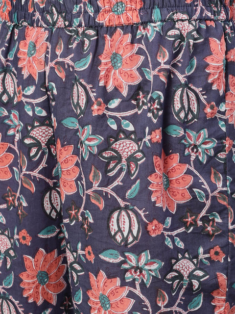 Women Blue Three-Quarter Sleeves Flared Kurta With Palazzo and Dupatta with pockets