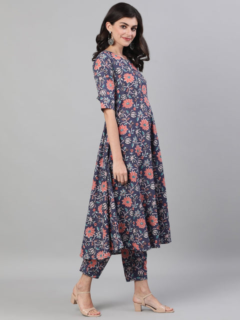 Women Blue Three-Quarter Sleeves Flared Kurta With Palazzo and Dupatta with pockets