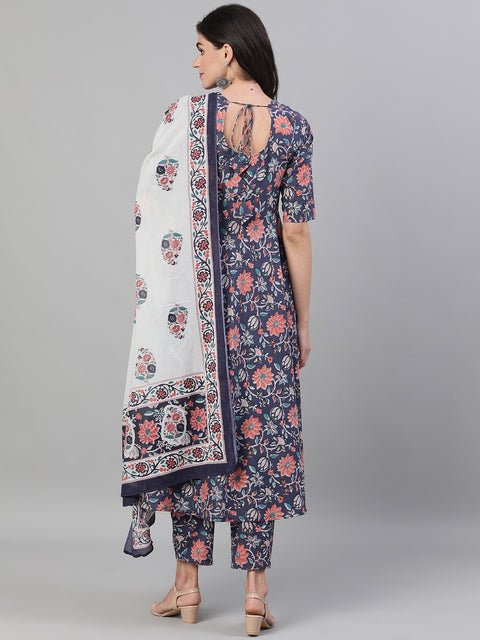 Women Blue Three-Quarter Sleeves Flared Kurta With Palazzo and Dupatta with pockets