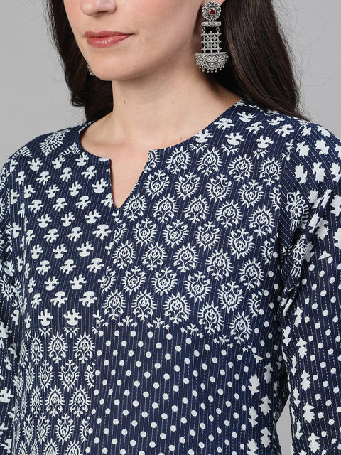 Women Indigo Calf Length Three-Quarter Sleeves Straight Ethnic Motif Printed Cotton Kurta with pockets