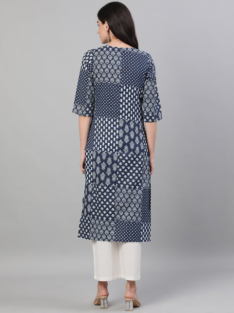Women Indigo Calf Length Three-Quarter Sleeves Straight Ethnic Motif Printed Cotton Kurta with pockets
