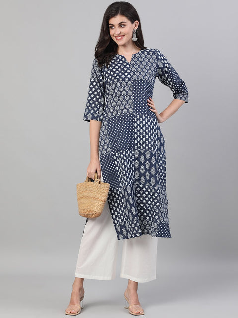 Women Indigo Calf Length Three-Quarter Sleeves Straight Ethnic Motif Printed Cotton Kurta with pockets