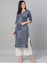 Women Indigo Three-Quarter Sleeves Straight Kurta With Palazzo with pockets