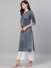 Women Indigo Three-Quarter Sleeves Straight Kurta With Palazzo with pockets