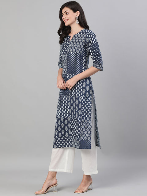 Women Indigo Three-Quarter Sleeves Straight Kurta With Palazzo with pockets