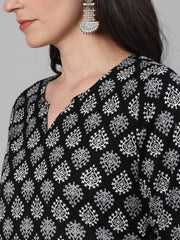 Women Black Calf Length Three-Quarter Sleeves Straight Ethnic Motif Printed Cotton Kurta with pockets And Face Mask