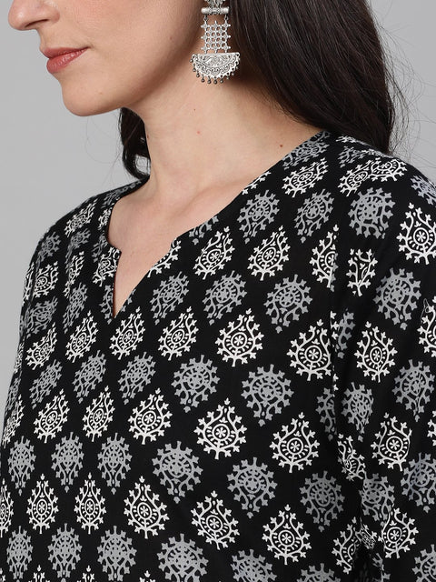 Women Black Calf Length Three-Quarter Sleeves Straight Ethnic Motif Printed Cotton Kurta with pockets And Face Mask