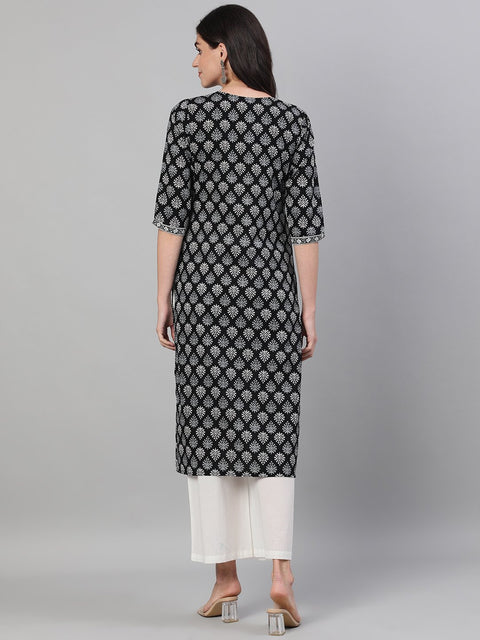 Women Black Calf Length Three-Quarter Sleeves Straight Ethnic Motif Printed Cotton Kurta with pockets And Face Mask