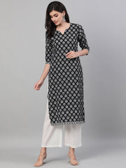 Women Black Calf Length Three-Quarter Sleeves Straight Ethnic Motif Printed Cotton Kurta with pockets And Face Mask