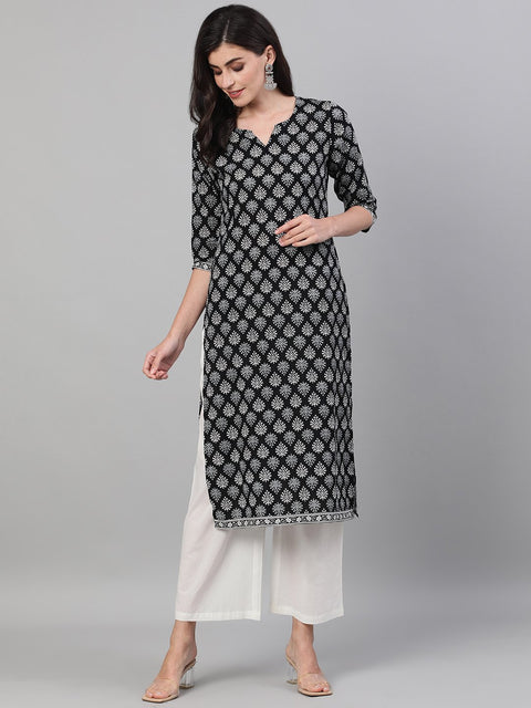 Women Black Calf Length Three-Quarter Sleeves Straight Ethnic Motif Printed Cotton Kurta with pockets And Face Mask