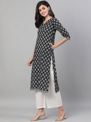 Women Black Three-Quarter Sleeves Straight Kurta With Palazzo and pockets And Face Mask