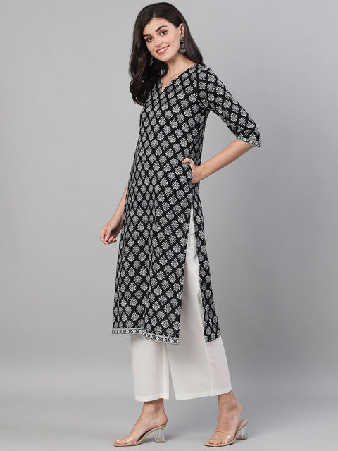 Women Black Three-Quarter Sleeves Straight Kurta With Palazzo and pockets And Face Mask