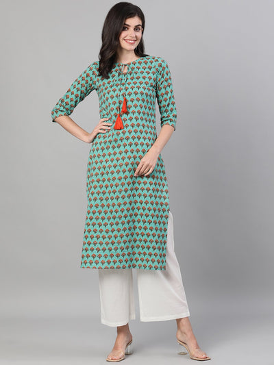 Women Green Calf Length Three-Quarter Sleeves Straight Floral Printed Cotton Kurta with pockets