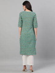 Women Green Calf Length Three-Quarter Sleeves Straight Floral Printed Cotton Kurta with pockets