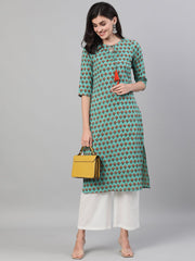 Women Green Calf Length Three-Quarter Sleeves Straight Floral Printed Cotton Kurta with pockets