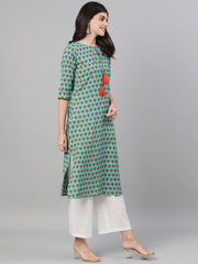 Women Green Three-Quarter Sleeves Straight Kurta With Palazzo with pockets
