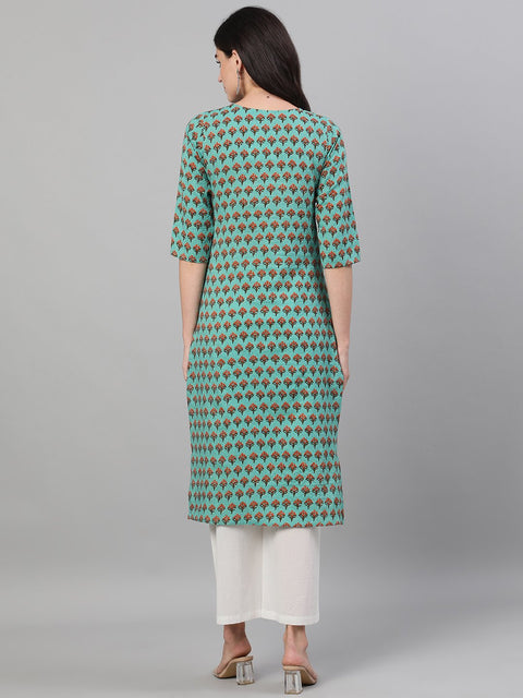 Women Green Three-Quarter Sleeves Straight Kurta With Palazzo with pockets