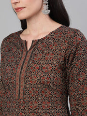 Women Brown Calf Length Three-Quarter Sleeves Straight Ethnic Motif Printed Cotton Kurta with pockets And Face Mask