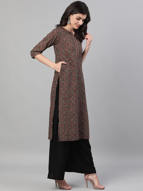 Women Brown Calf Length Three-Quarter Sleeves Straight Ethnic Motif Printed Cotton Kurta with pockets And Face Mask