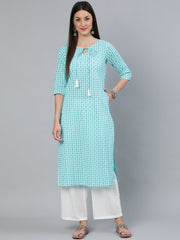 Women Aqua Blue Geometric Printed Straight Kurta With Three Quarters Sleeves