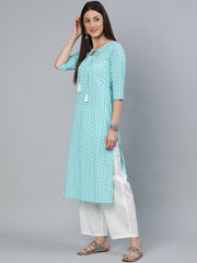 Women Aqua Blue Geometric Printed Straight Kurta With Three Quarters Sleeves