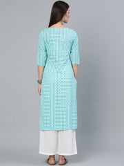 Women Aqua Blue Geometric Printed Straight Kurta With Three Quarters Sleeves