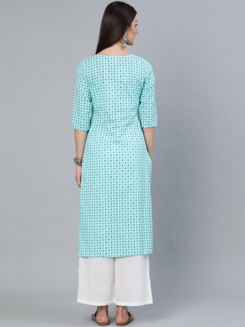 Women Aqua Blue Geometric Printed Straight Kurta With Three Quarters Sleeves