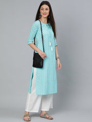 Women Aqua Blue Geometric Printed Straight Kurta With Three Quarters Sleeves