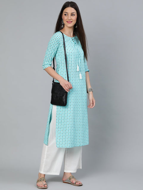Women Aqua Blue Geometric Printed Straight Kurta With Three Quarters Sleeves