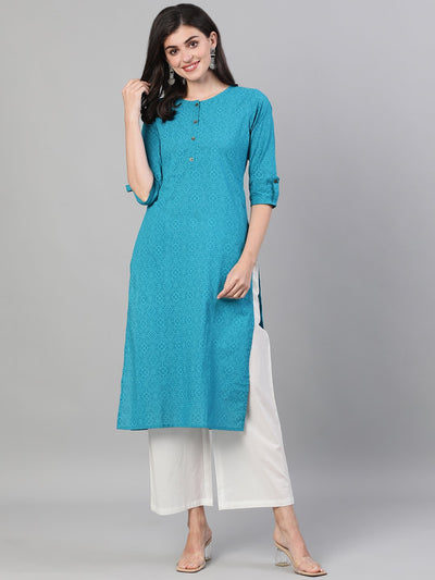 Women Firozi Three-Quarter Sleeves Straight Kurta With Palazzo with pockets