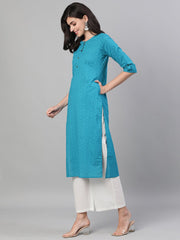 Women Firozi Three-Quarter Sleeves Straight Kurta With Palazzo with pockets