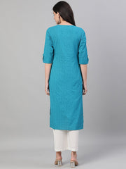 Women Firozi Three-Quarter Sleeves Straight Kurta With Palazzo with pockets