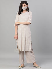 Women Taupe Three-Quarter Sleeves Straight Kurta With Palazzo with pockets And Face Mask
