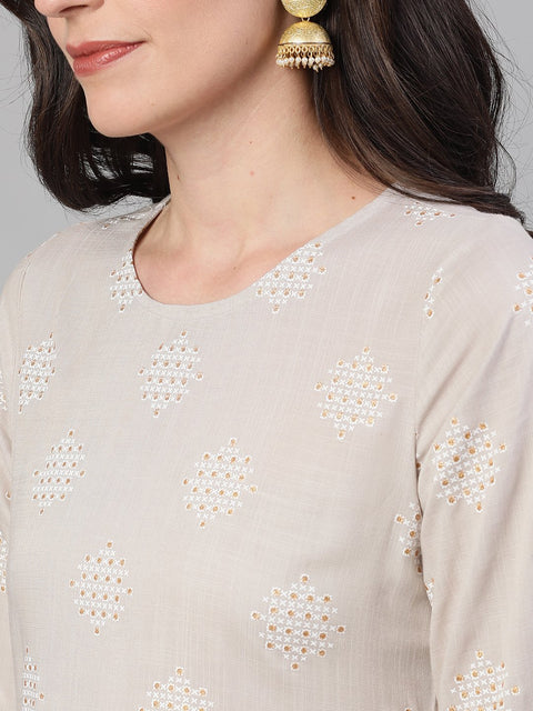 Women Taupe Three-Quarter Sleeves Straight Kurta With Palazzo with pockets And Face Mask