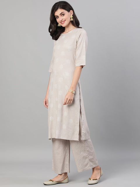 Women Taupe Three-Quarter Sleeves Straight Kurta With Palazzo with pockets And Face Mask