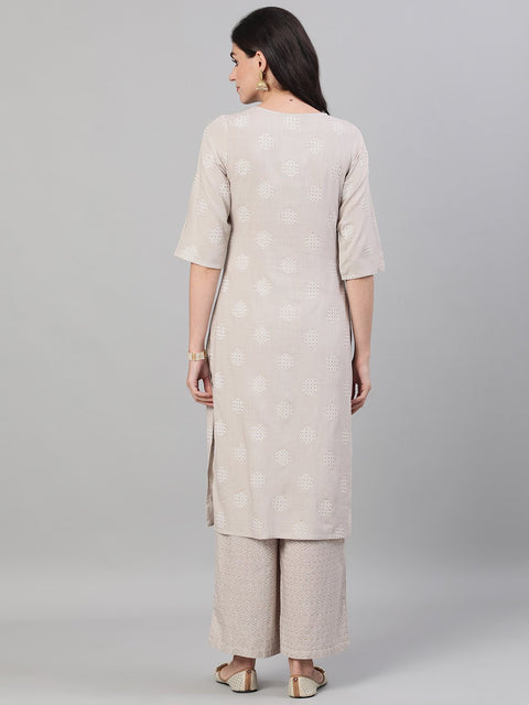 Women Taupe Three-Quarter Sleeves Straight Kurta With Palazzo with pockets And Face Mask