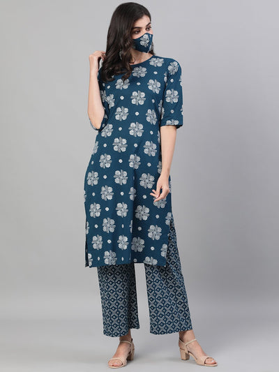 Women Blue Three-Quarter Sleeves Straight Kurta With Palazzo with pockets And Face Mask