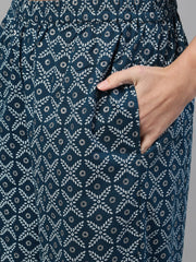 Women Blue Three-Quarter Sleeves Straight Kurta With Palazzo with pockets And Face Mask