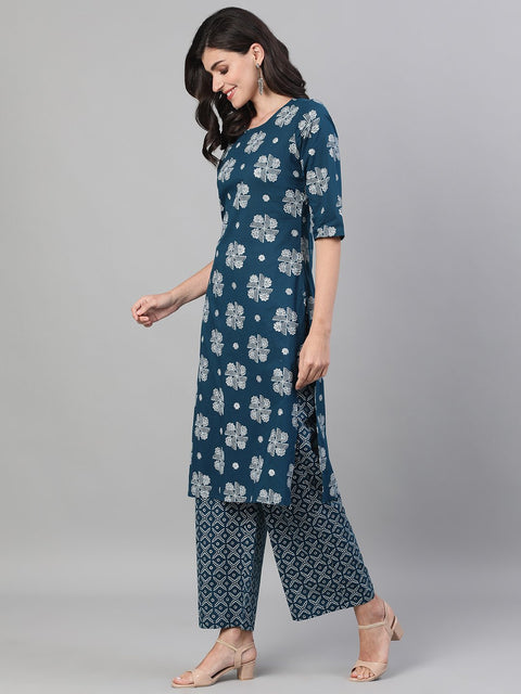 Women Blue Three-Quarter Sleeves Straight Kurta With Palazzo with pockets And Face Mask