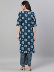 Women Blue Three-Quarter Sleeves Straight Kurta With Palazzo with pockets And Face Mask