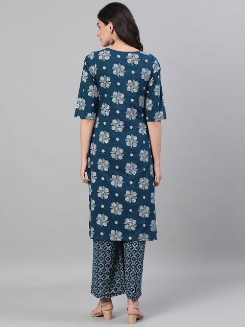Women Blue Three-Quarter Sleeves Straight Kurta With Palazzo with pockets And Face Mask