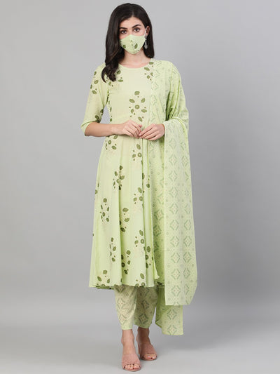 Women Green Three-Quarter Sleeves Straight Kurta With Palazzo and Dupatta with pockets And Face Mask