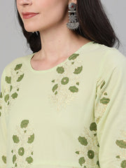 Women Green Three-Quarter Sleeves Straight Kurta With Palazzo and Dupatta with pockets And Face Mask