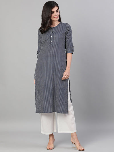 Women Navy Blue Calf Length Three-Quarter Sleeves Straight Striped Printed Cotton Kurta with pockets