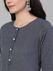 Women Navy Blue Calf Length Three-Quarter Sleeves Straight Striped Printed Cotton Kurta with pockets