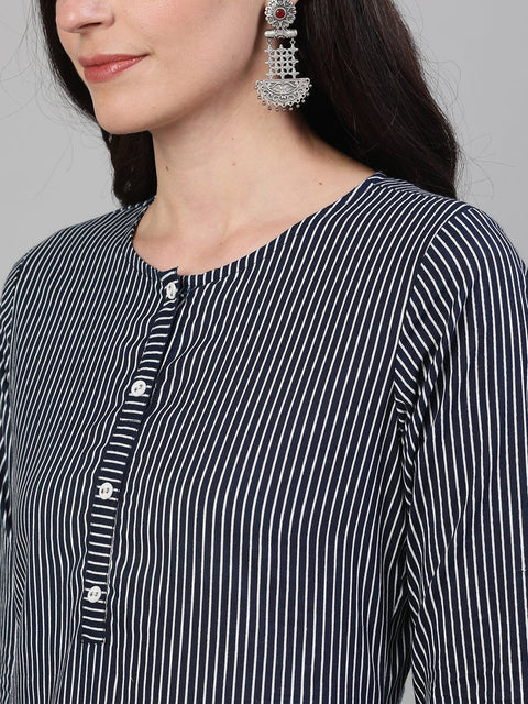 Women Navy Blue Calf Length Three-Quarter Sleeves Straight Striped Printed Cotton Kurta with pockets