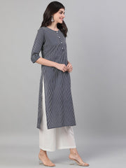 Women Navy Blue Calf Length Three-Quarter Sleeves Straight Striped Printed Cotton Kurta with pockets